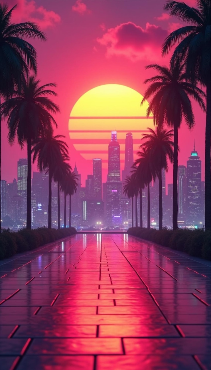 PSD una puesta de sol con palmeras y una ciudad en el fondo