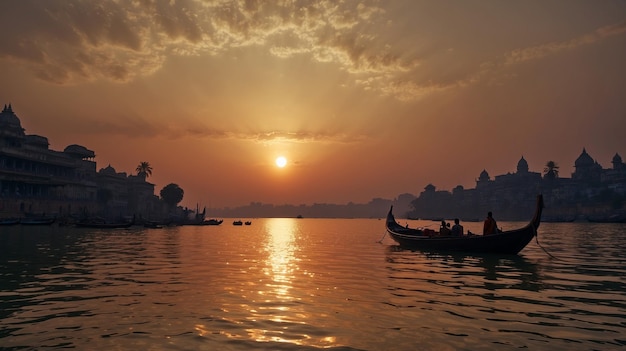 PSD una puesta de sol en el río ganges un barco en el rio ganges papel tapiz de puesta de sol