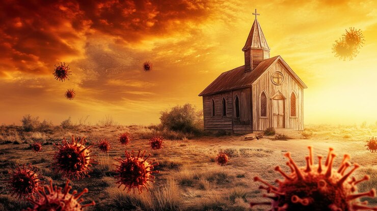 PSD la puesta de sol sobre la iglesia desierta con partículas de virus