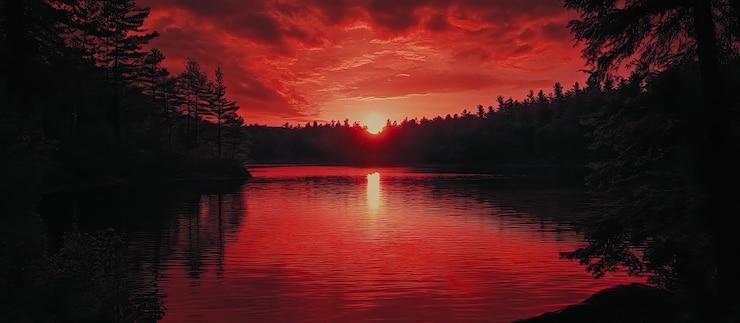 PSD la puesta de sol sobre el lago con el cielo rojo