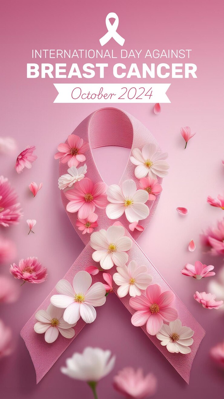 Puesto de concienciación sobre el cáncer de mama con diseño de cinta rosa floral