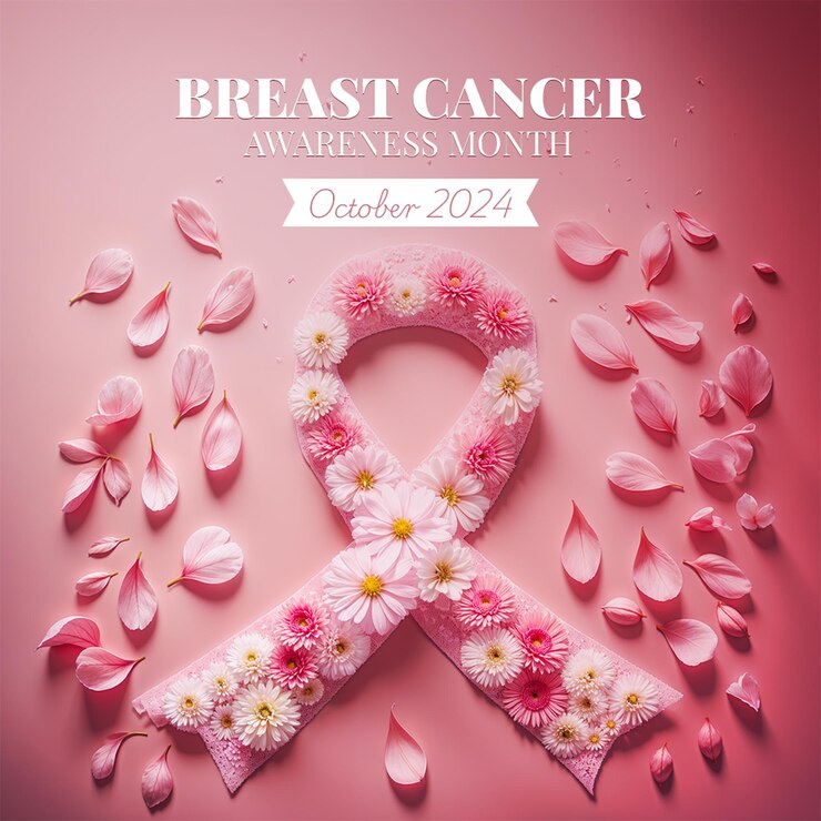 Puesto de concienciación sobre el cáncer de mama con diseño de cinta rosa floral