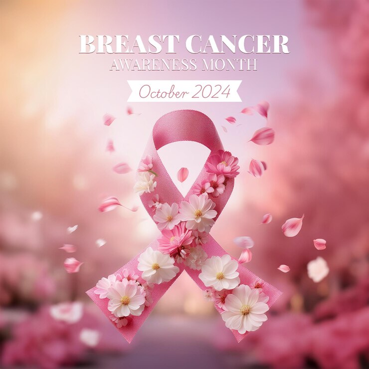 Puesto de concienciación sobre el cáncer de mama con diseño de cinta rosa floral