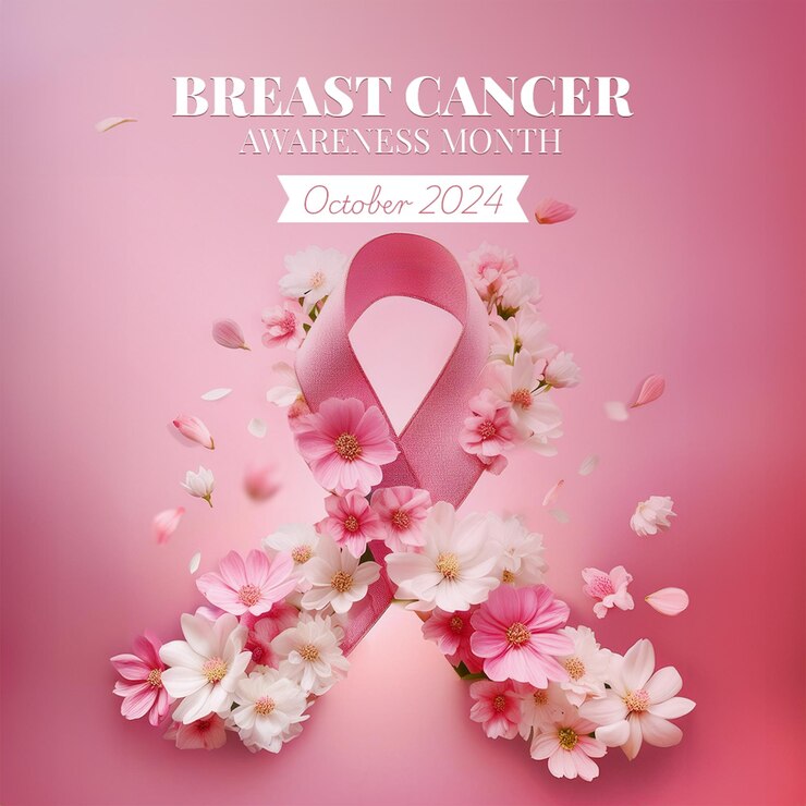 Puesto de concienciación sobre el cáncer de mama con diseño de cinta rosa floral