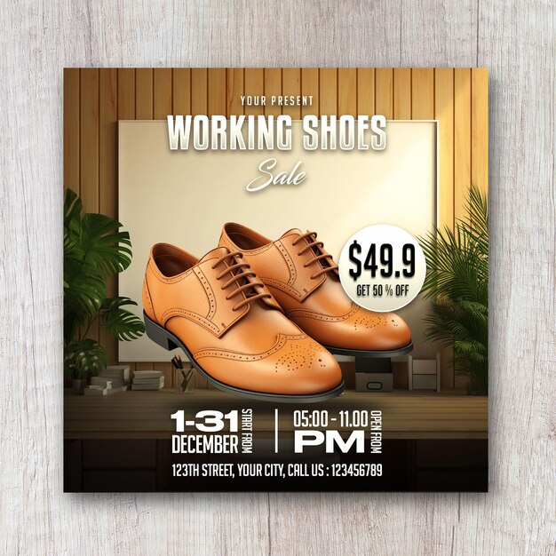 PSD puesto de diseño de banner de redes sociales para la promoción de la venta de zapatos de trabajo