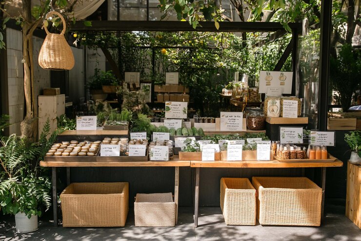 PSD un puesto de mercado al aire libre con varios productos alimenticios artesanales exhibidos en mesas de madera y cestas de mimbre rodeadas de vegetación