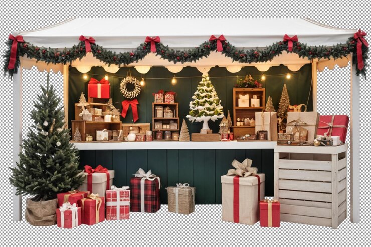 PSD un puesto en el mercado navideño con decoraciones y regalos festivos