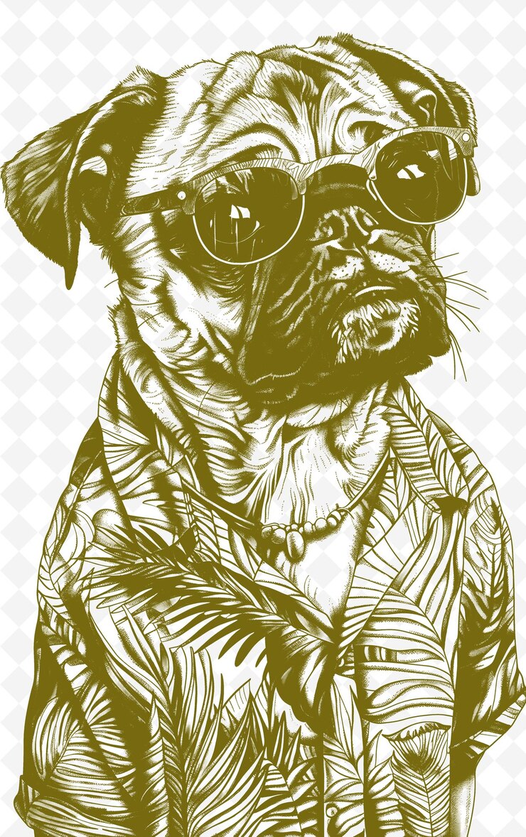 PSD pug en una camisa hawaiana mirando divertido y despreocupado cartel desi animales dibujo arte colecciones vectoriales