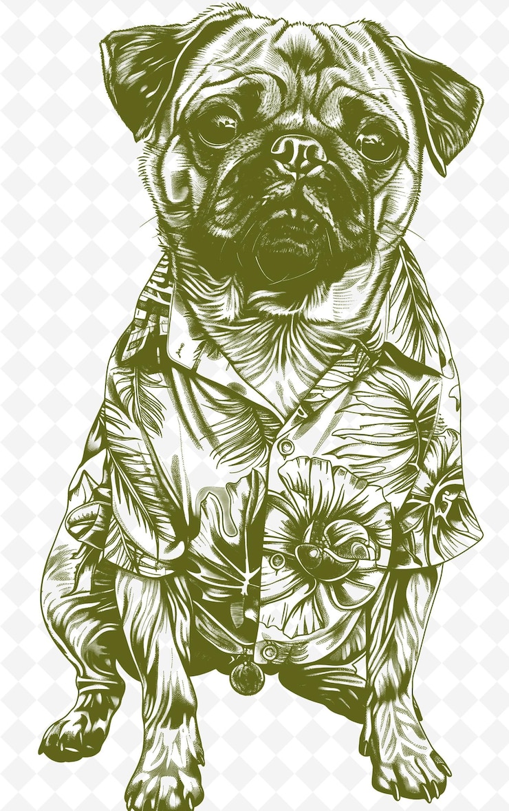 PSD pug in una camicia hawaiana che sembra divertente e spensierato poster desi animals sketch art vector collections
