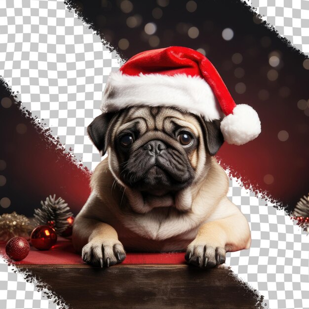 PSD pug obediente pacientemente usando chapéu de papai noel em um fundo transparente de estúdio escuro