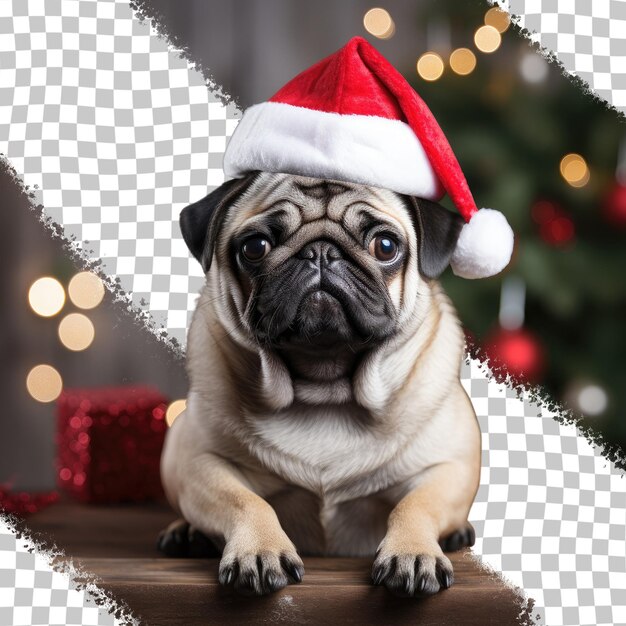 PSD pug obediente que lleva pacientemente el sombrero de papá noel en un fondo transparente de un estudio oscuro