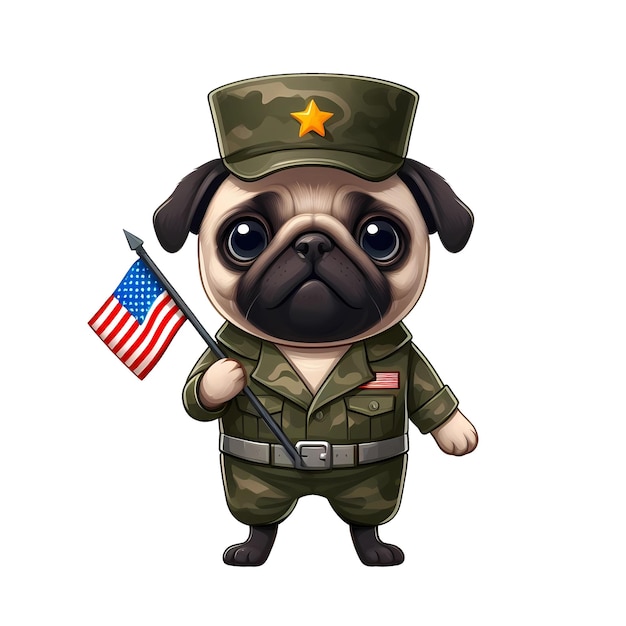 PSD pug vestindo roupas militares americanas enquanto segura uma bandeira dos eua