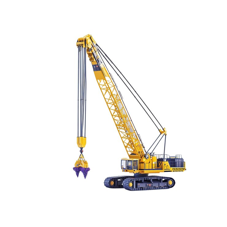 PSD une puissante grue jaune avec un seau de coquille sur fond blanc