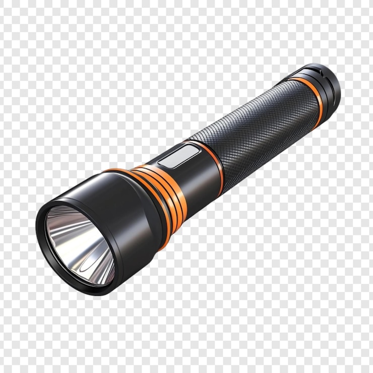 PSD une puissante lampe de poche noire avec des accents orange prête pour l'aventure