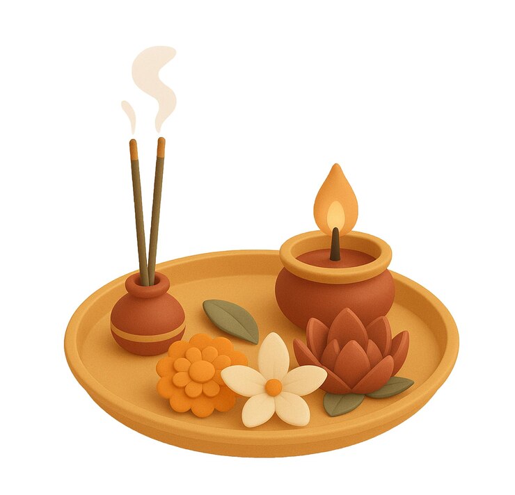 PSD puja thali with incense oil lamp and flowers