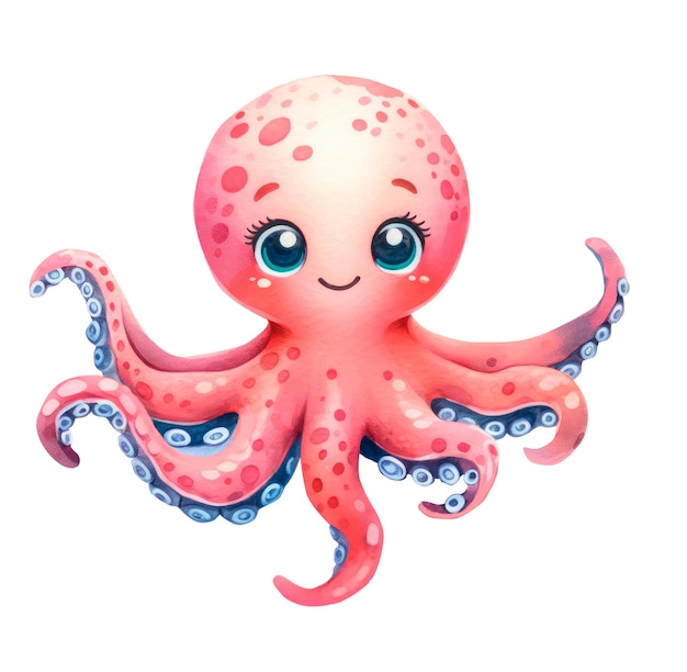 Pulpo lindo marino sobre un fondo transparente ilustración infantil acuarela vida marina