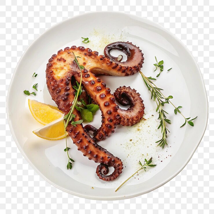 PSD pulpo a la parrilla estilo de vida de la comida mediterránea vida auténtica aislada sobre un fondo transparente