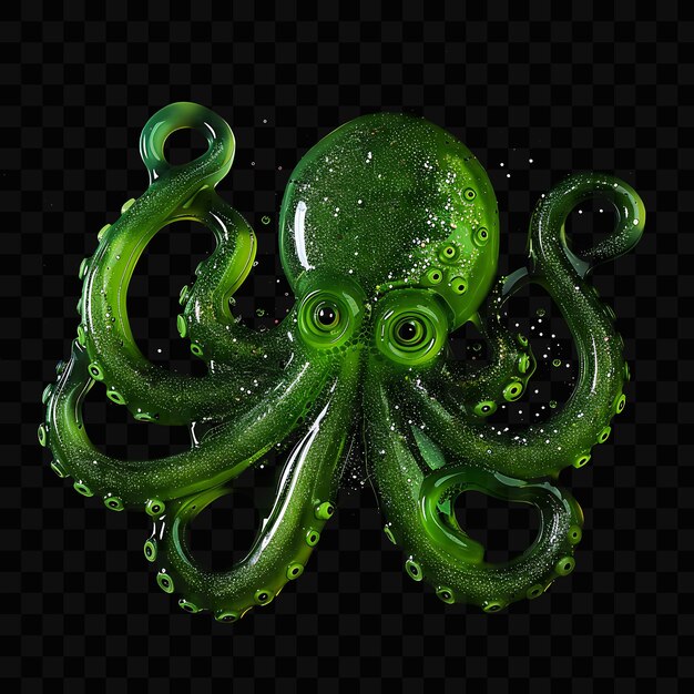 PSD un pulpo verde con gotas de agua verde en un fondo negro