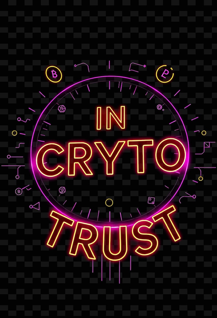 PSD pulsación en crypto en el que confiamos el texto brilla en oro de neón y púrpura profundo símbolos de criptomoneda brillantes