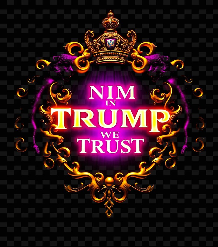 PSD pulsando en trump confiamos en el texto que brilla en oro de neón y púrpura profundo adornado con la cresta brillante de trump y