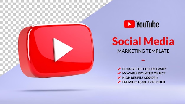 Pulsante di riproduzione YouTube isolato per il social media marketing nel rendering 3D