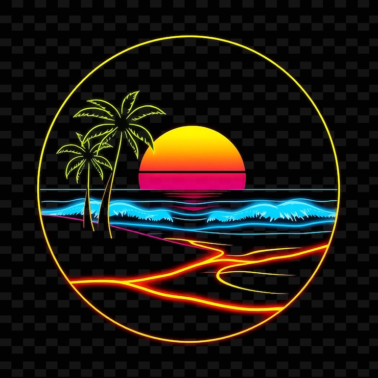 PSD pulsante escena de la playa del atardecer de neón en una silueta ovalada con palmeras en forma de símbolos de venta y n