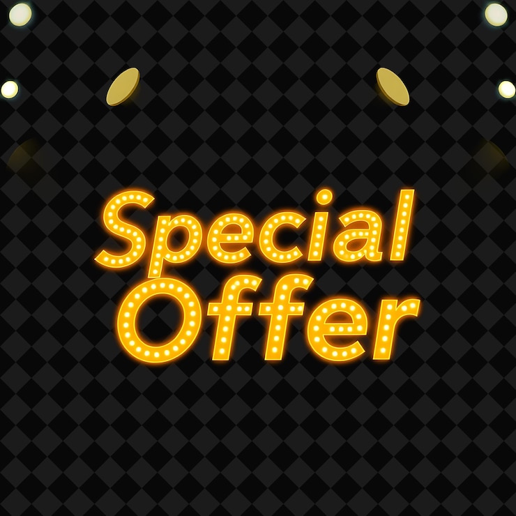 PSD pulsante oferta especial texto brilla en neón oro brillante y amarillo con focos brillantes hollywood