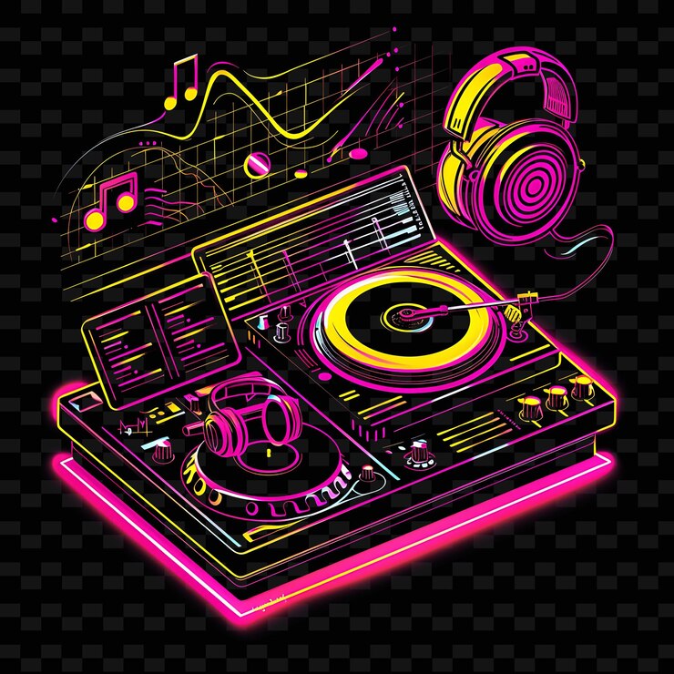 PSD pulsantes ritmos de neón de un dj mezclando música con neón png vibrante diseños artísticos creativos de línea de neón