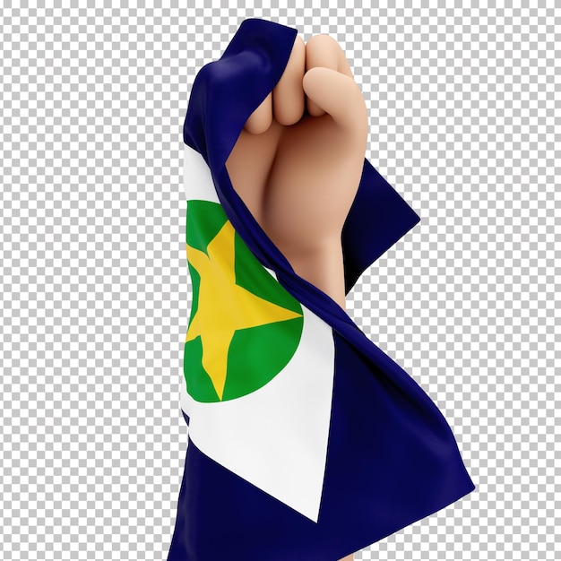 Puño levantado en 3d con la bandera del estado de mato grosso, brasil