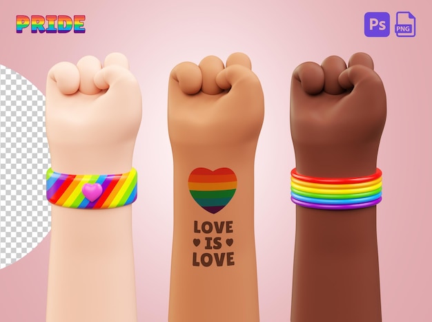 PSD puños multiétnicos aislados con brazaletes de apoyo del orgullo en un fondo transparente para la celebración del mes del orgullo lgbtqia objeto recortado en ilustración 3d