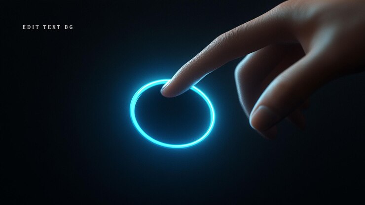 PSD la punta del dedo a punto de tocar una interfaz circular azul brillante