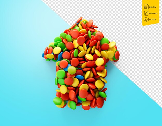 Puntero hacia arriba flecha de caramelo de chocolate con esmaltes de colores en fondo aislado ilustración 3d