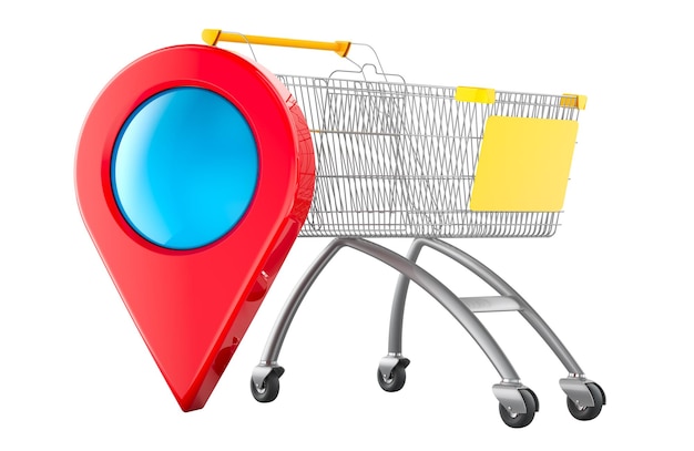 Puntero de mapa con carrito de compras Concepto de ubicación de la tienda Rendering 3D aislado en fondo transparente