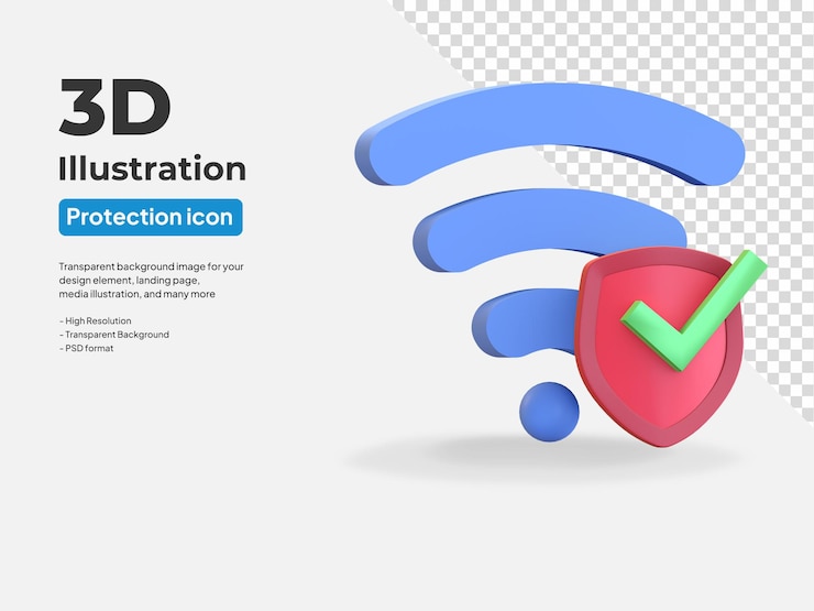 PSD punto de acceso de icono de wifi seguro con escudo y marca de verificación ilustración de render 3d