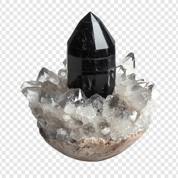 PSD punto de cristal negro anidado en el cúmulo de cuarzo espécimen mineral de la naturaleza