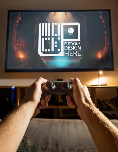 Punto de vista FirstPerson Shooter jugando un juego Mockup de pantalla de juego con cualquier color