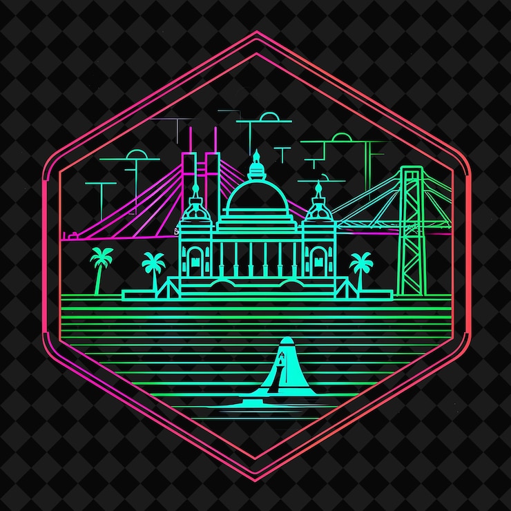 PSD los puntos de referencia brillantes de neón de calcuta dentro de una silueta hexágono l png y2k monoline cityscape collage art