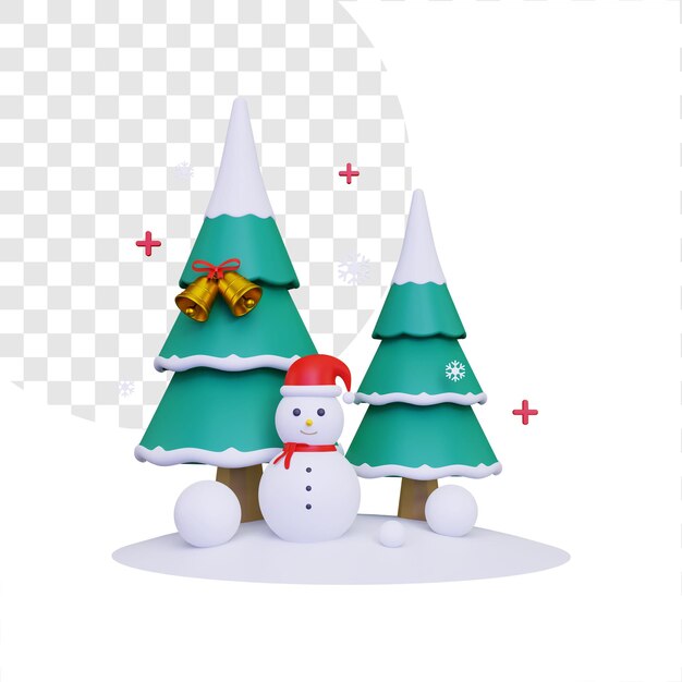 Pupazzo di neve 3d con due alberi di Natale e campane d'oro