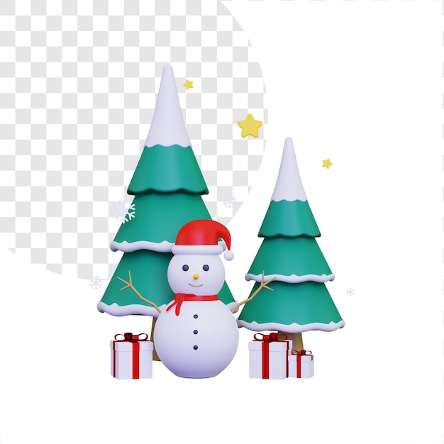 Pupazzo di neve 3d con due alberi di Natale e confezione regalo