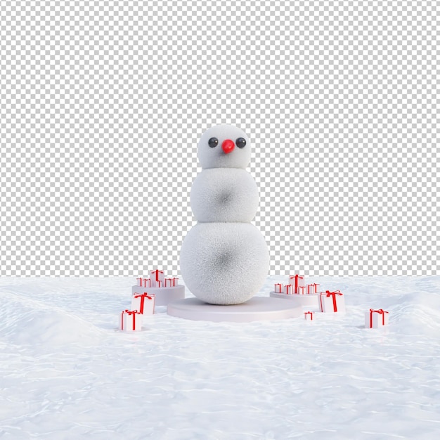 Pupazzo di neve 3d con scatole regalo su sfondo trasparente 3d isolato render