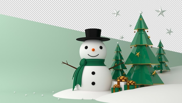 Pupazzo di neve, albero di Natale e confezione regalo in rendering 3d