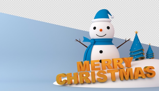 Pupazzo di neve, albero di Natale e confezione regalo in rendering 3d
