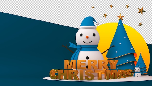 Pupazzo di neve, albero di Natale e confezione regalo in rendering 3d