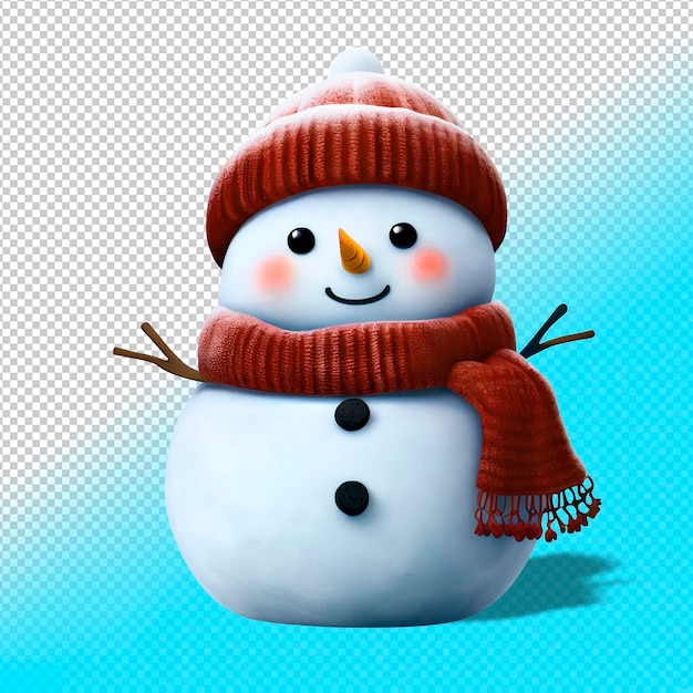 Pupazzo di neve carino cartone animato 3d PSD in una sciarpa e cappello su sfondo trasparente