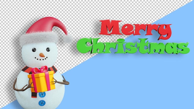 Pupazzo di neve con confezione regalo, 3d. Felice Anno Nuovo e Natale, banner. Auguri di buon Natale