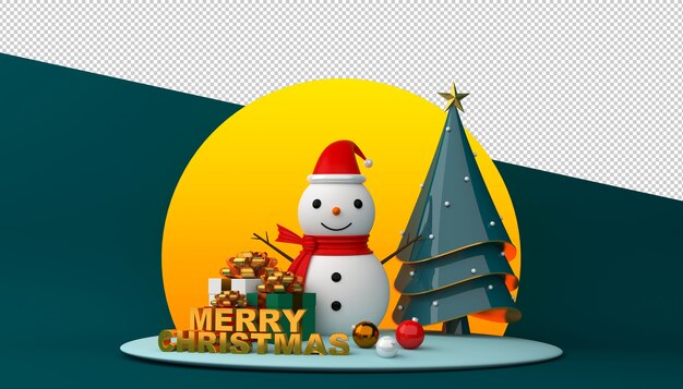 Pupazzo di neve e albero di Natale con testo di buon Natale nella rappresentazione 3d