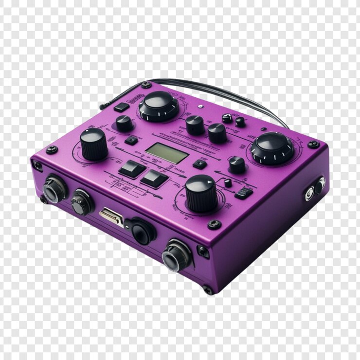 PSD purple audio effects pedal with knobs and buttons music technology studio equipment