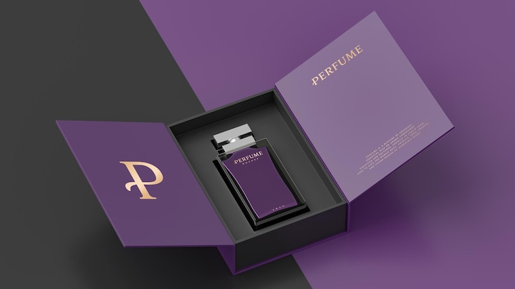 PSD purple perfume bottle white packaging mockup for brand identity presentation 3d render