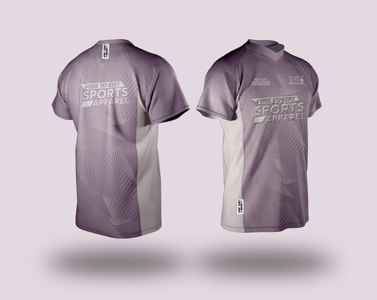 PSD purple sports jersey mockup viste anteriori e posteriori