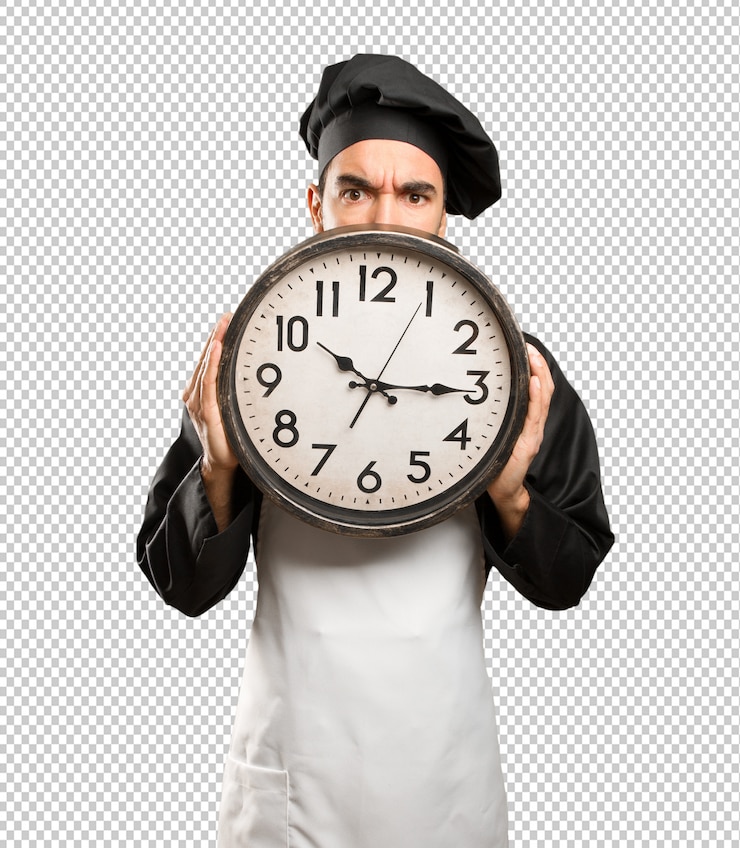 PSD puzzled young chef using a watch